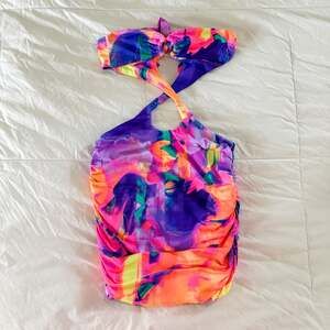 White Fox XS Halter Mini Dress Multicolor Abstract Ruched Cutout Bodycon Party